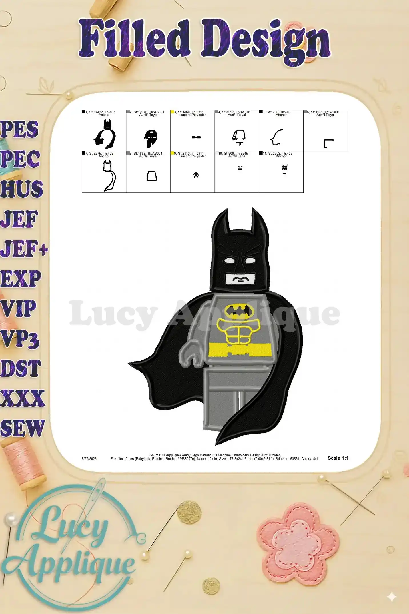 Detailed image showing the placement of each color block for the LEGO Batman embroidery design, providing a visual guide for correct placement.