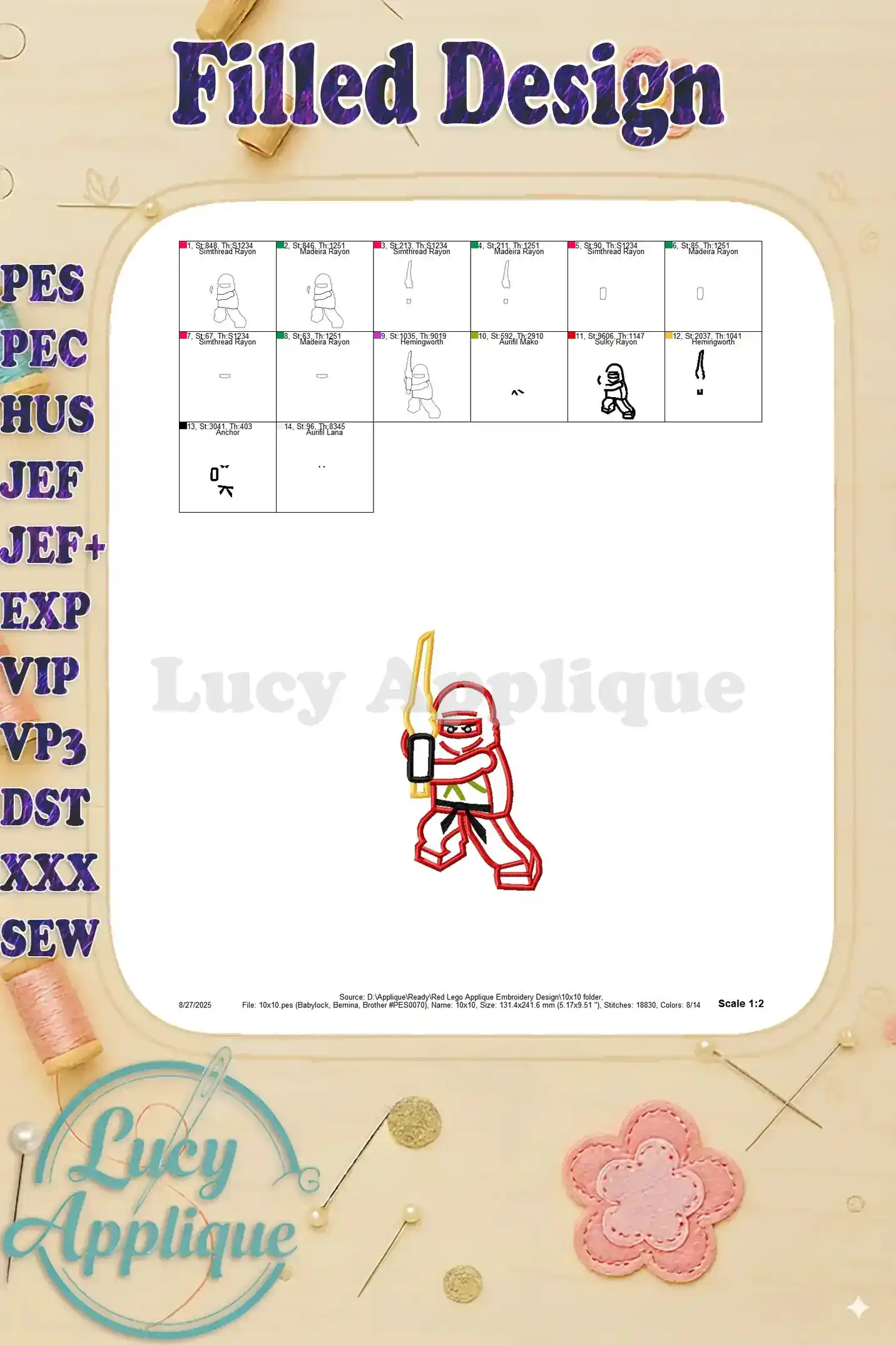 Filled design chart showing the finished Lego ninja applique embroidery. Includes thread colors and needle information for easy reference.