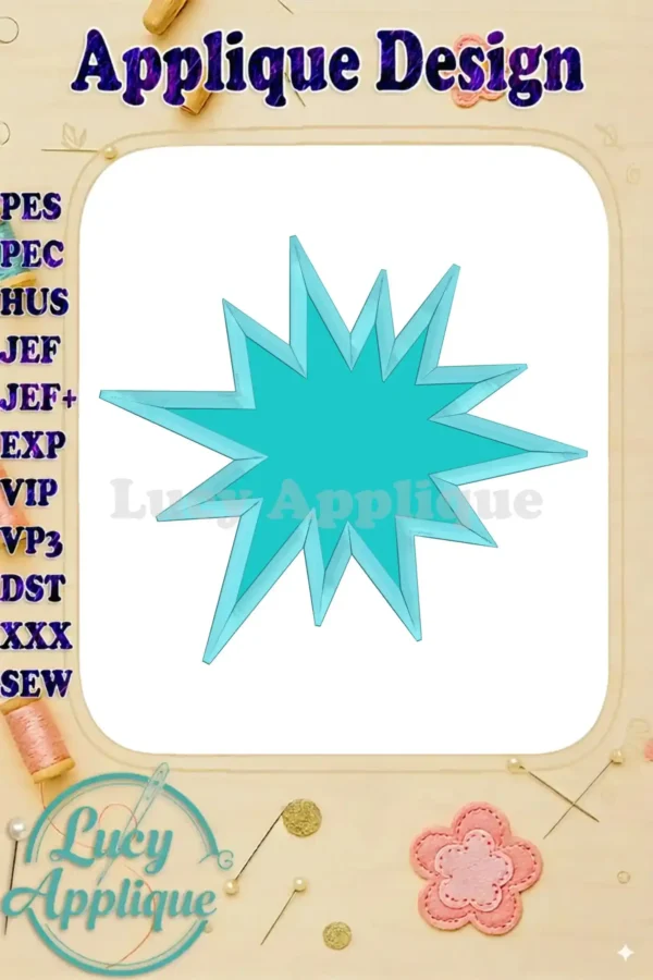 A teal starburst applique embroidery design, shown in a digital preview on a white background. Instructions and supported file formats are listed.