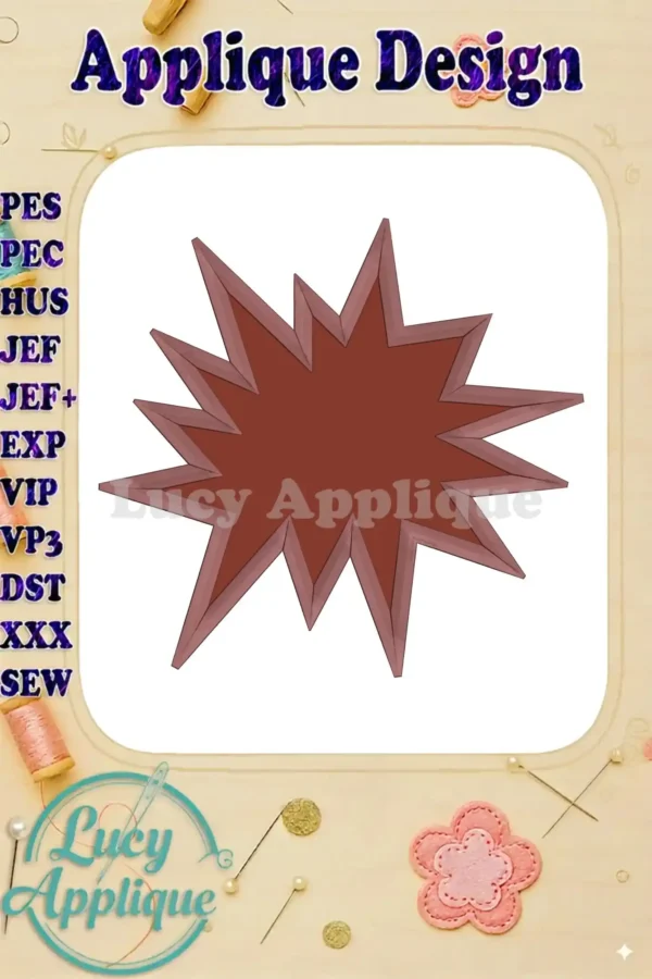 A vibrant red and brown applique embroidery design shaped like a comic speech bubble, perfect for adding a playful touch to any project.