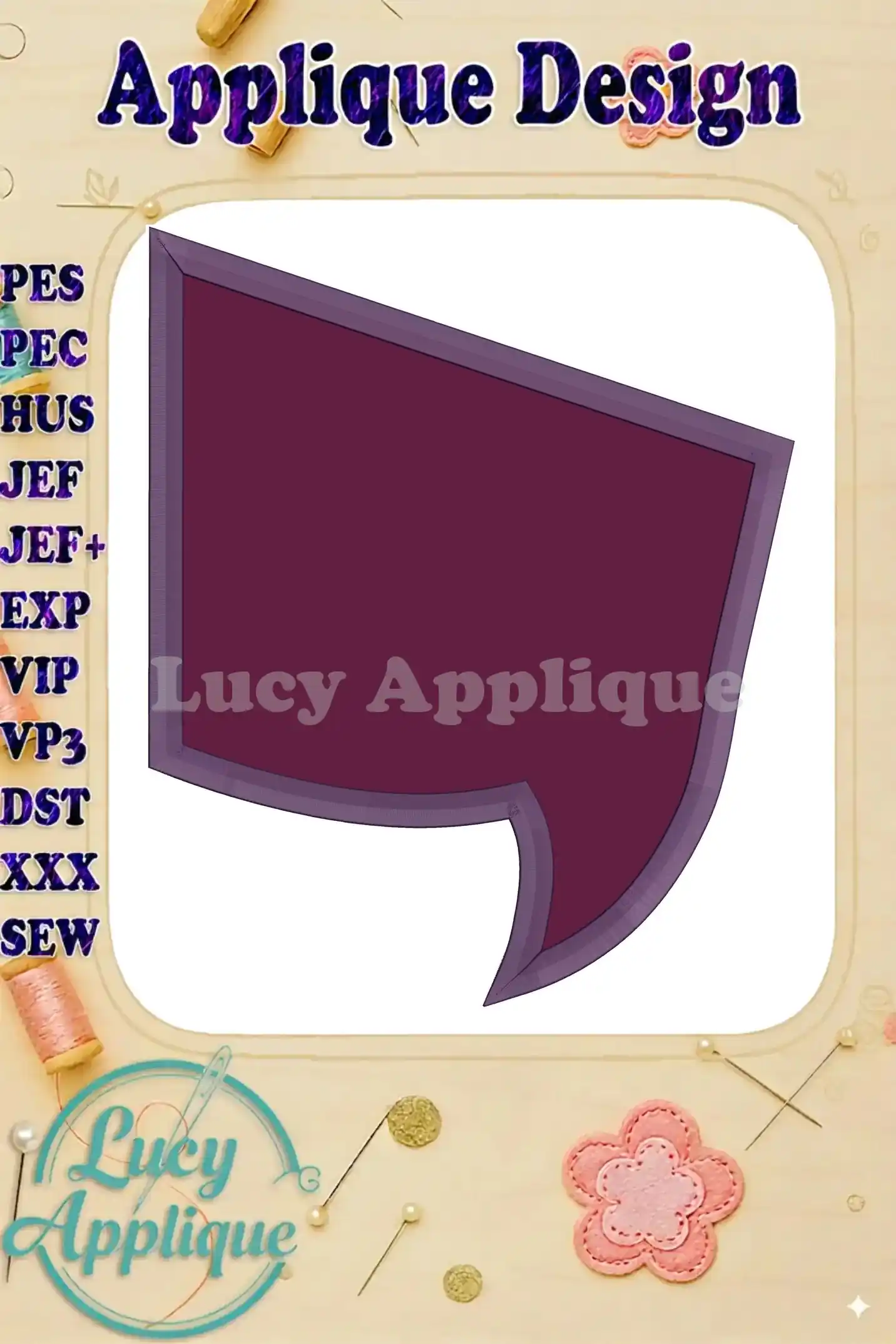 Main image shows a purple comic-style speech bubble appliqué embroidery design, ready to be stitched. Various machine formats are supported.