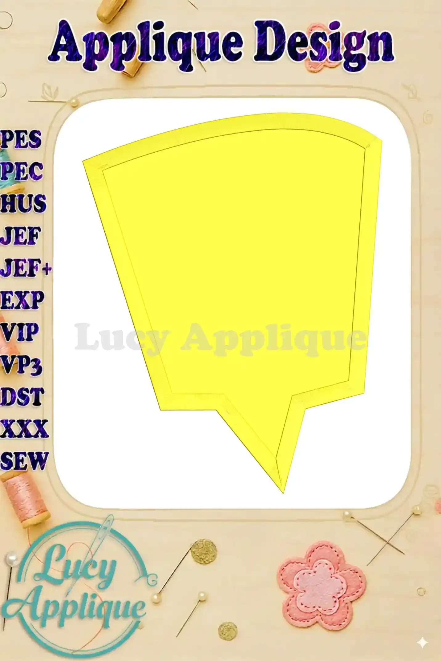 Main image showing a yellow comic speech bubble applique embroidery design, with various file formats listed and a Lucy Applique watermark.
