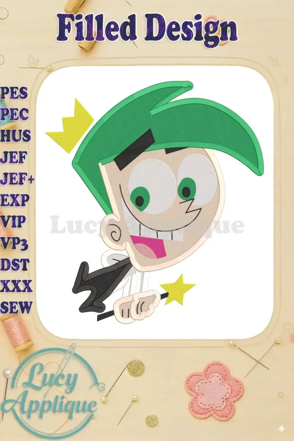 Embroidery design of Cosmo from Fairly OddParents, showcasing filled stitches and vibrant colors. The design is presented on a light-beige background with decorative elements.