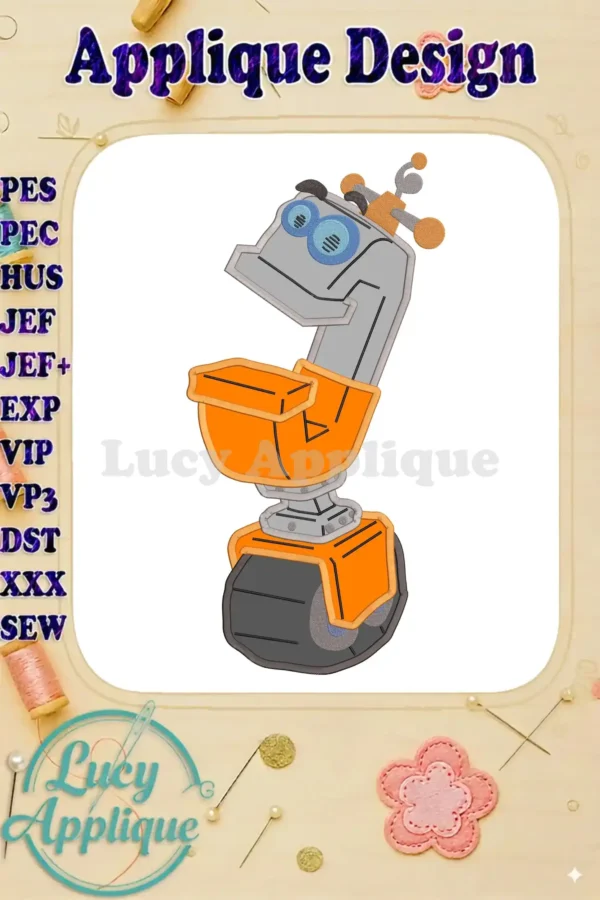 Rusty Rivets applique embroidery design. Features a charming illustration of Rusty, perfect for adding to clothing or crafts. Downloadable design.