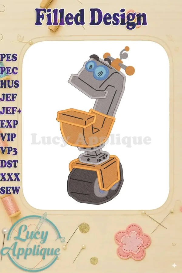 Embroidery design of Rusty Rivets, a robot character, in filled stitch style. The design is shown on a light background with decorative elements.