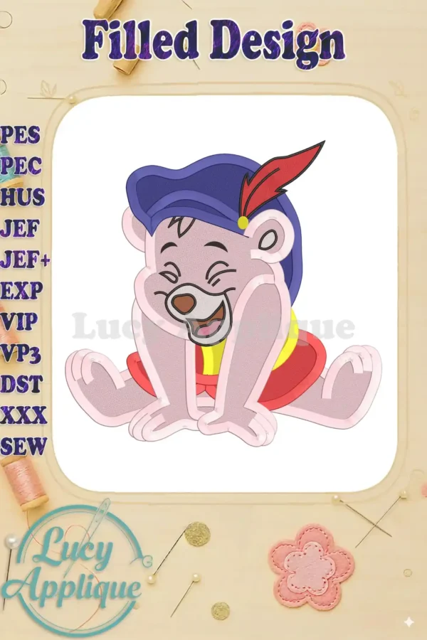 Adorable Cubbi Gummi Bear in a blue hat and red outfit, laughing. Filled embroidery design, perfect for applique or other sewing projects. Download now!
