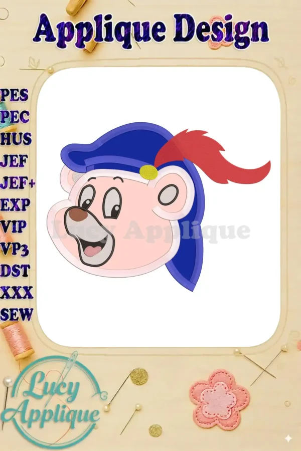 Cubbi Gummi Bear applique embroidery design. Features a cheerful bear wearing a blue hat with a red feather. Perfect for adding a whimsical touch to your projects.