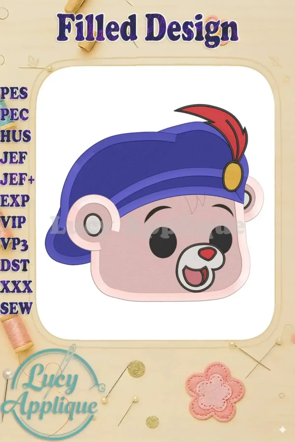 Cubbi Gummi Bear embroidery design. A filled stitch design featuring Cubbi from Gummi Bears wearing a blue hat with a feather. Detailed instructions and color chart included.