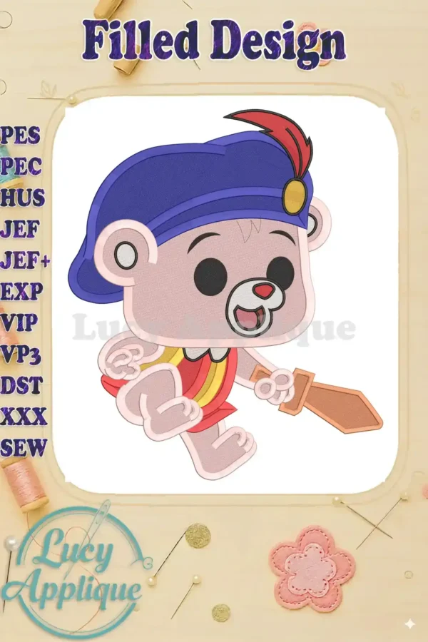 Embroidery design of Cubbi Gummi Bear from Gummi Bears, wielding a sword. Filled stitch design, in vibrant colors. Perfect for apparel or home decor.