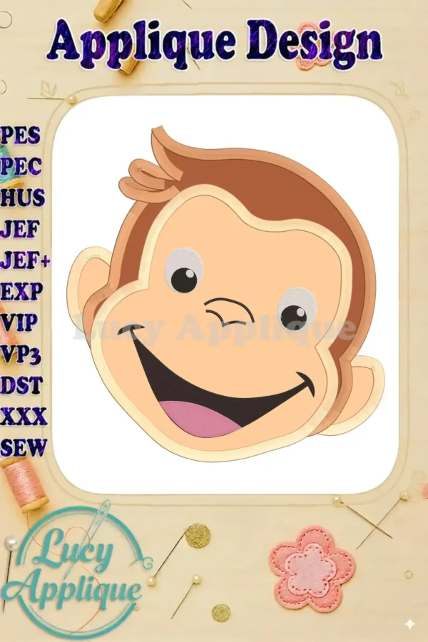 Embroidery design of Curious George's face, an applique design with a cheerful expression. The image includes details of available file formats and the designer's logo.