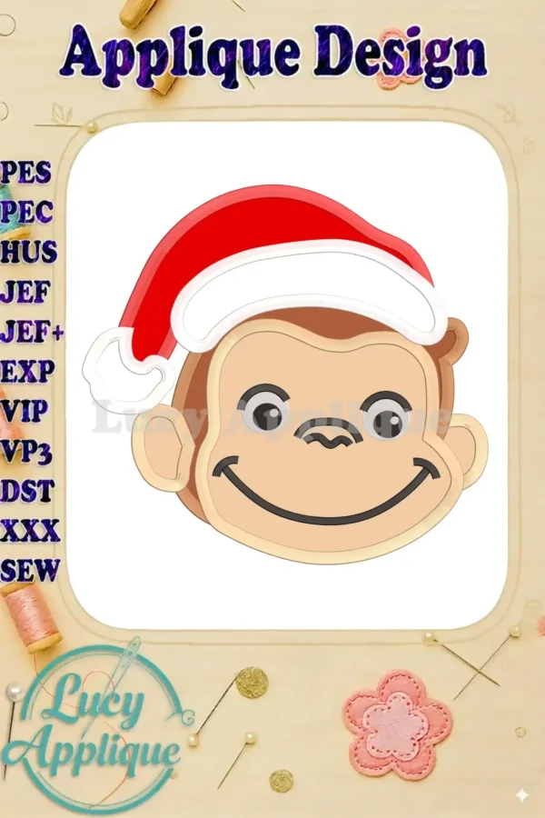 Embroidery design of Curious George in a Santa hat, ready to stitch. Includes various file formats for different embroidery machines. Applique design shown.