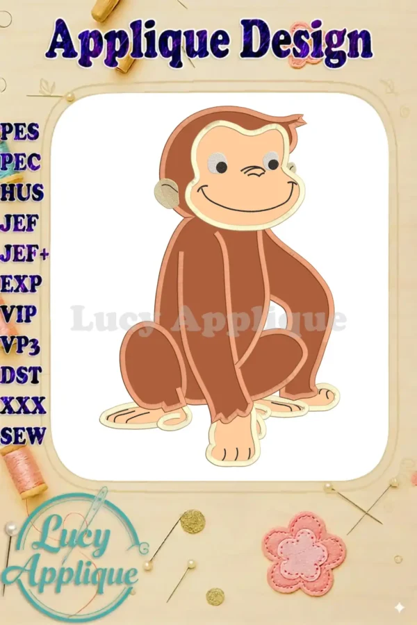 Adorable Curious George applique embroidery design, ready to stitch! Features a charming seated pose and is available in various formats. Perfect for beginners!