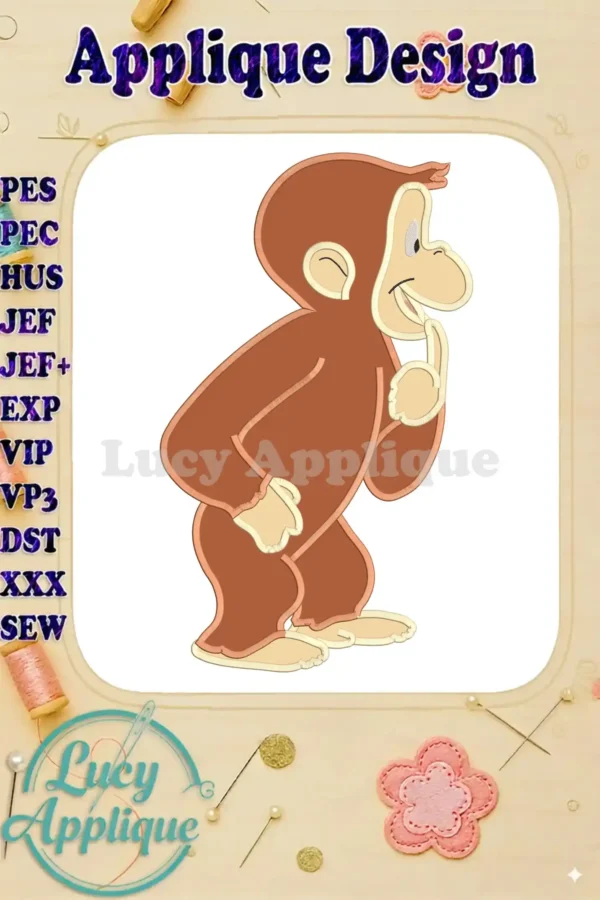 Embroidery design of Curious George, a playful monkey, in a brown applique style. The design includes various file formats for different embroidery machines.