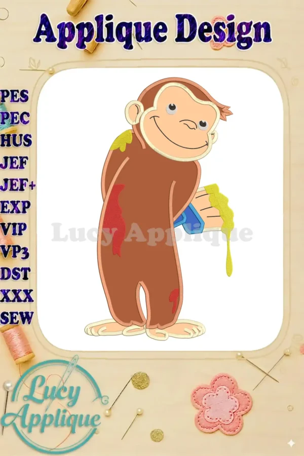 Curious George applique design showcasing the monkey with paint, ready to be stitched. The design includes various file formats for different embroidery machines.