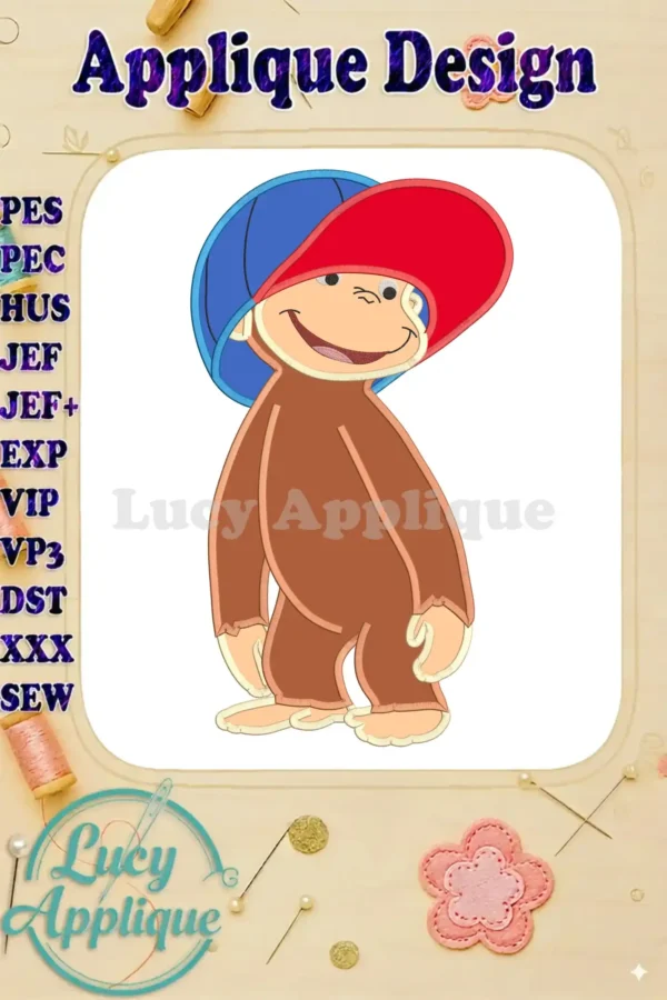 A charming applique design of Curious George wearing a red and blue baseball cap. The design is shown in various embroidery formats, perfect for creating personalized projects.