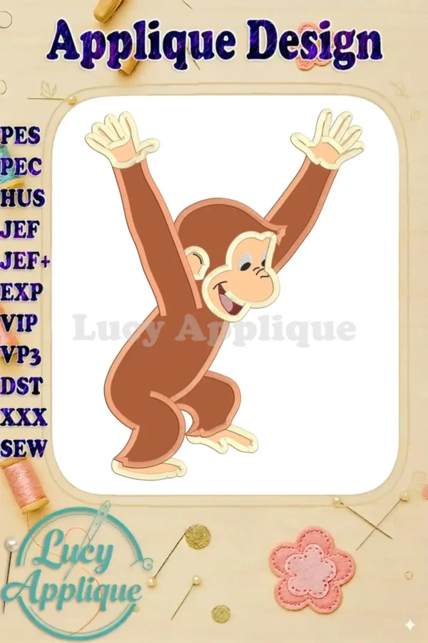 Main image shows a cheerful Curious George applique design, ready to be stitched. The design is presented against a beige background with decorative elements.