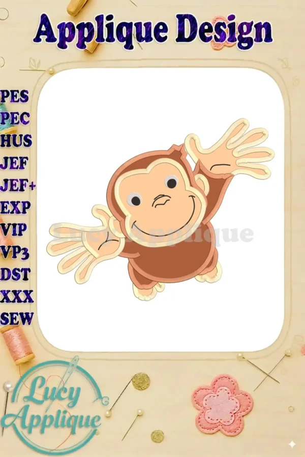 Embroidery design of Curious George waving, in brown and beige, ready to be stitched. Includes various machine embroidery file formats.