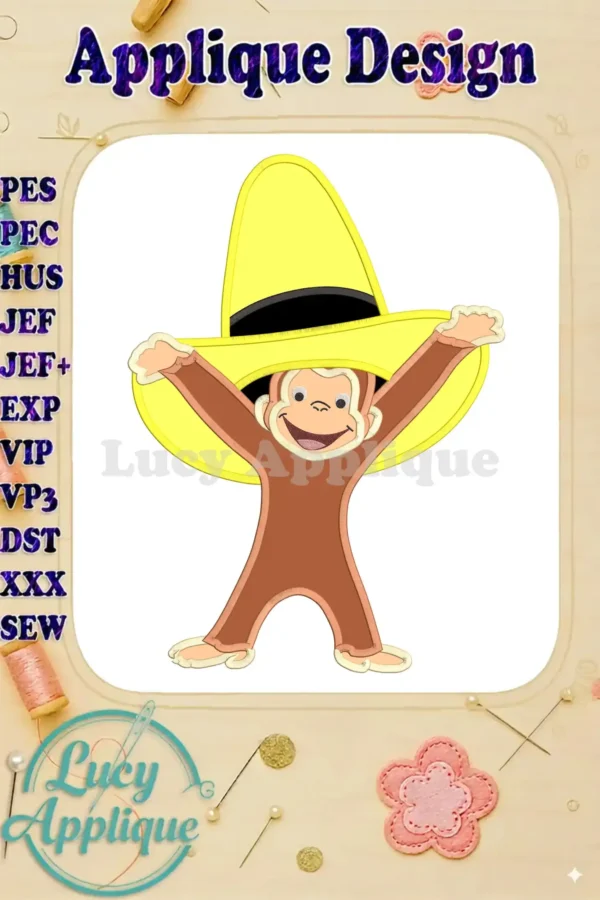 Adorable Curious George wearing a yellow hat, ready to be embroidered. This applique design is available in multiple formats for various embroidery machines.