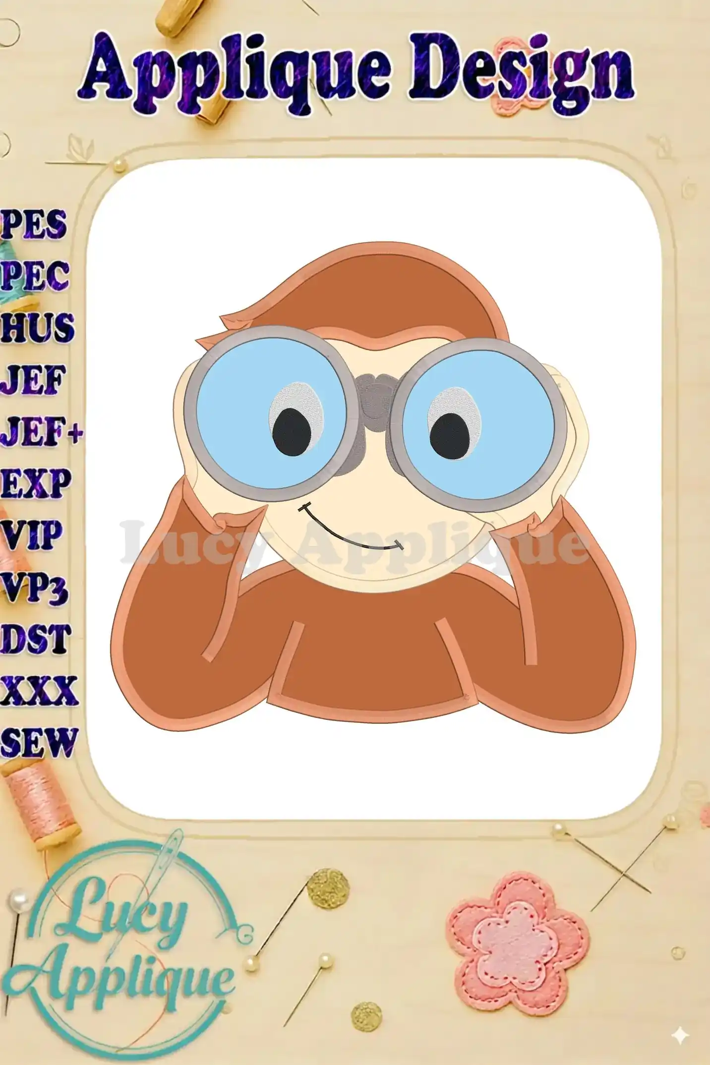 Curious George wearing binoculars, applique embroidery design in brown and blue, ready to be stitched. Various file formats are listed.