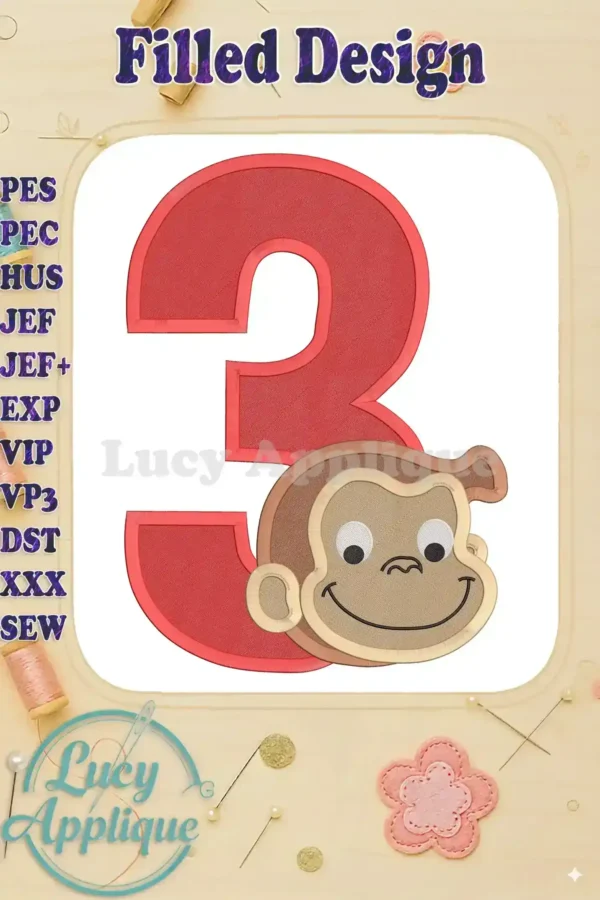 A filled machine embroidery design of the number 3 with Curious George's face peeking from the bottom. The design is primarily red with brown and yellow accents, suitable for various fabrics.