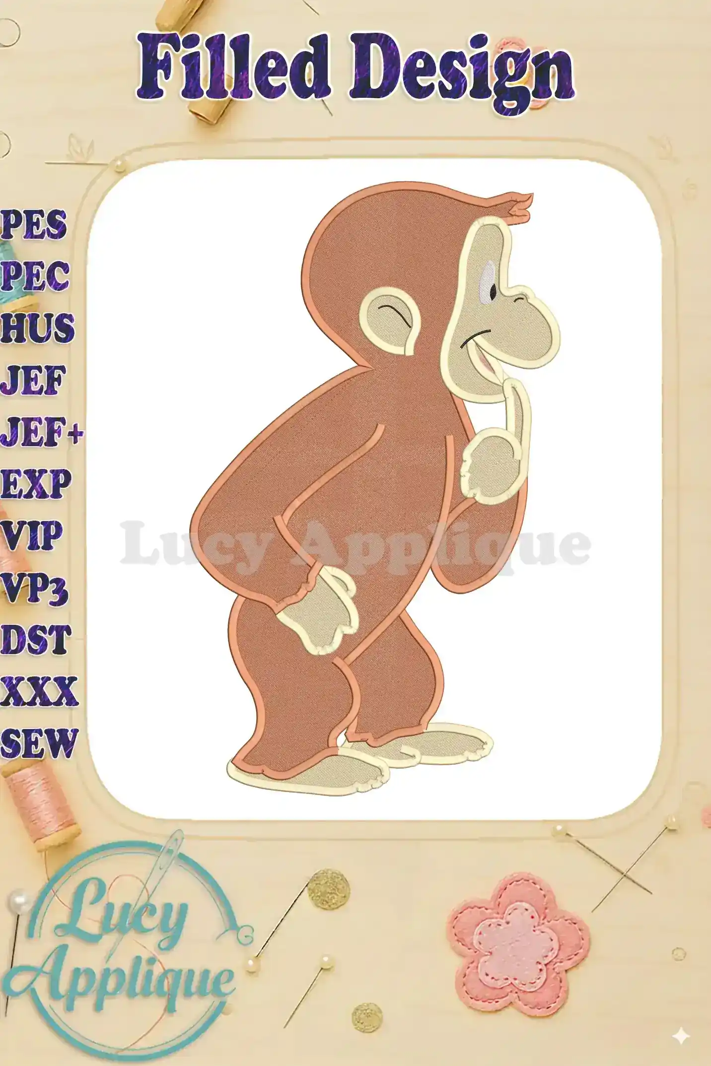 Embroidery design of Curious George, a playful monkey, in a filled stitch style. The design is in brown and peach tones, perfect for adding to various projects.