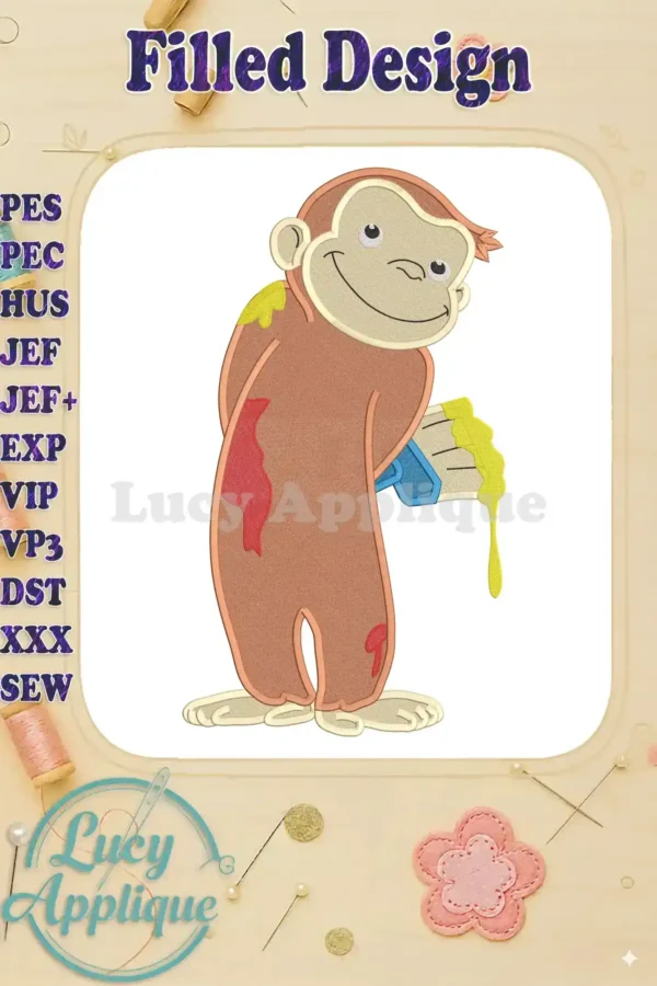 Embroidery design of Curious George playfully covered in paint, holding a paintbrush. Brown, yellow, red, and white colors used. Filled stitch style.