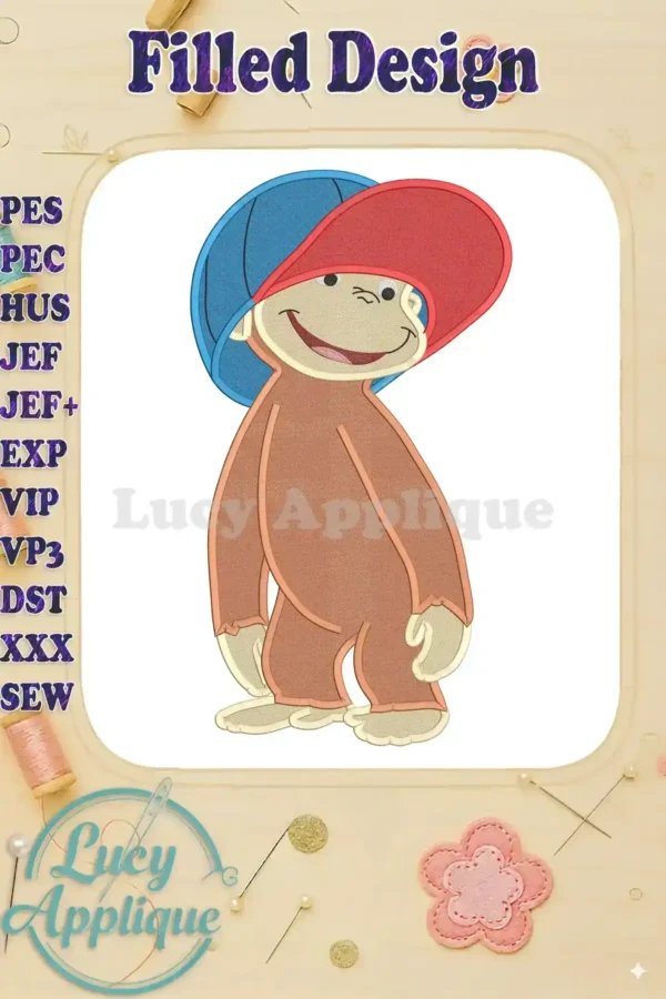 Embroidery design of Curious George wearing a hat, in brown, red, and blue. High-quality, detailed stitching, ready to be stitched out.