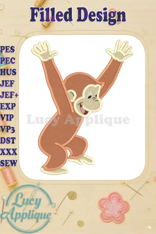 Embroidery design of Curious George, a cheerful monkey with arms raised, in a filled stitch style. The design is set against a beige background.