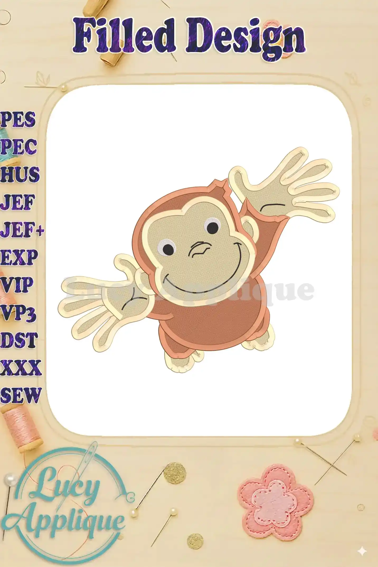 Embroidery design of Curious George, a cheerful monkey with outstretched arms, in a filled stitch style. The design is presented on a white background.