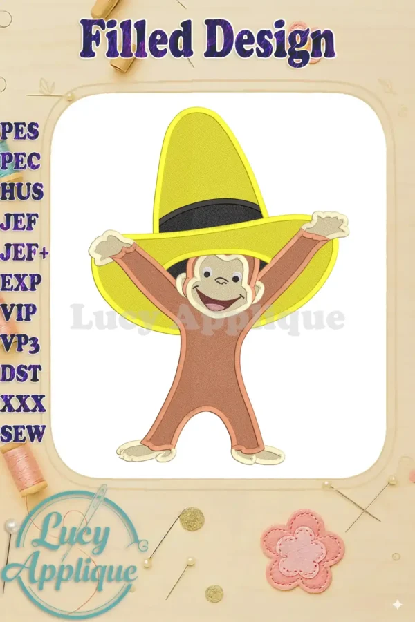 Embroidery design of Curious George in a yellow hat, with arms outstretched. The design is a filled design, suitable for various embroidery machines.
