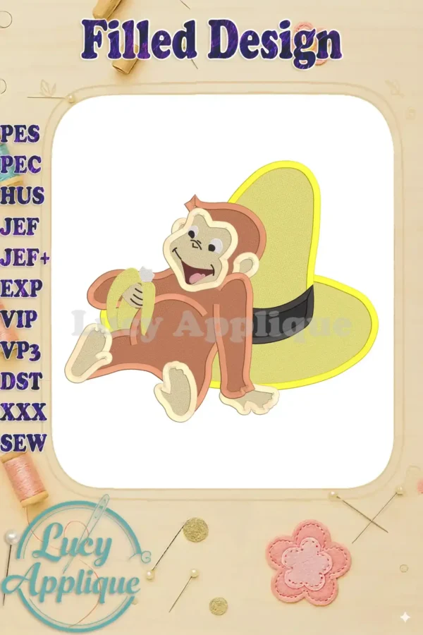 Embroidery design of Curious George relaxing with a banana under a sombrero. This filled design is shown on a white background, ready to be stitched.