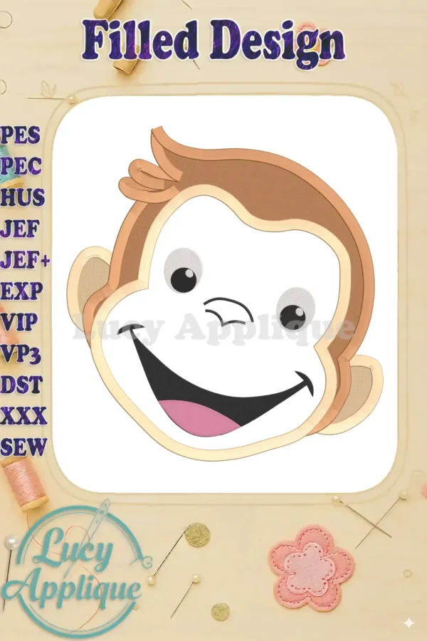 Embroidery design of Curious George's face, filled stitch style. Perfect for adding to clothing or home decor projects. Various file formats included.
