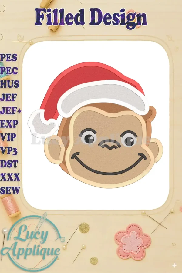 Embroidery design of Curious George wearing a Santa hat, ready to stitch. The design is presented on a light background with decorative elements.