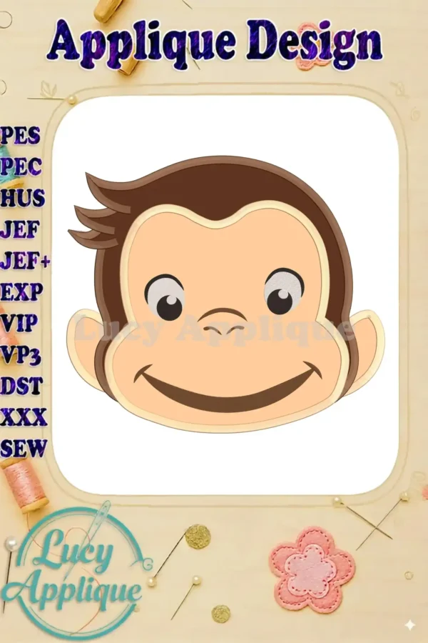 Curious George's smiling face, a full-head applique embroidery design, ready to be stitched. Includes various file formats for different embroidery machines.