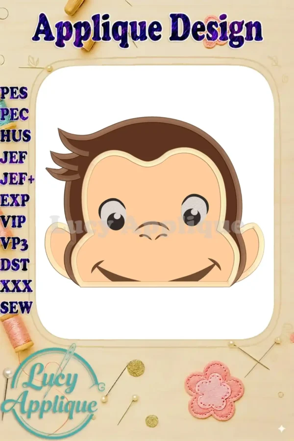 A charming applique embroidery design of Curious George's head. The design is shown in brown and beige, ready to be stitched. It includes various file formats for different embroidery machines.