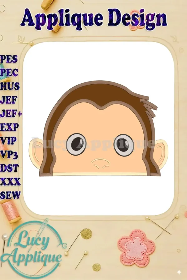 Main image of the Curious George applique embroidery design, showing the monkey's head in brown and beige, ready to be stitched. Various file formats are listed.