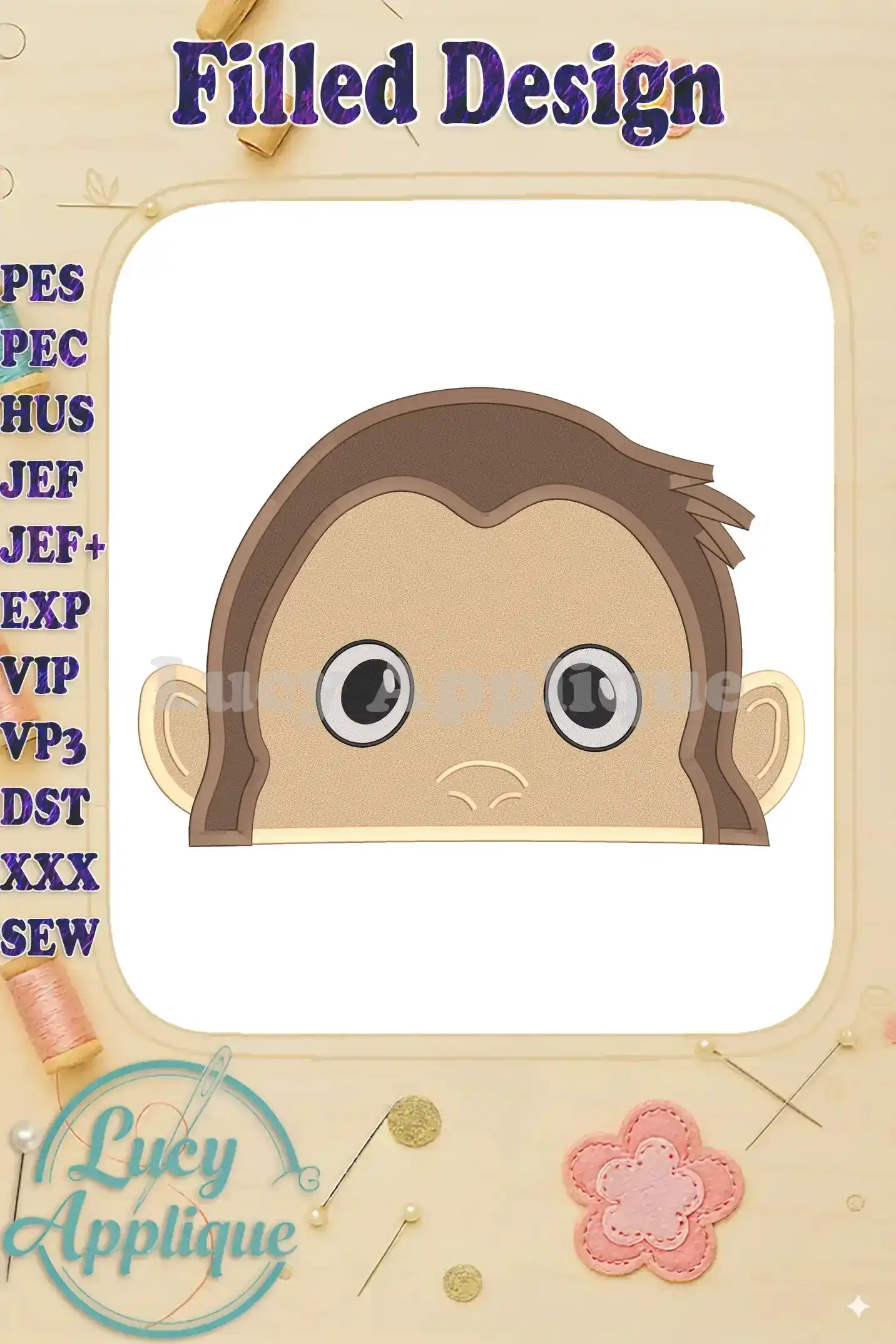 Embroidery design of Curious George's head, filled stitch style. Various file formats are listed for different embroidery machines. Perfect for kids' projects!