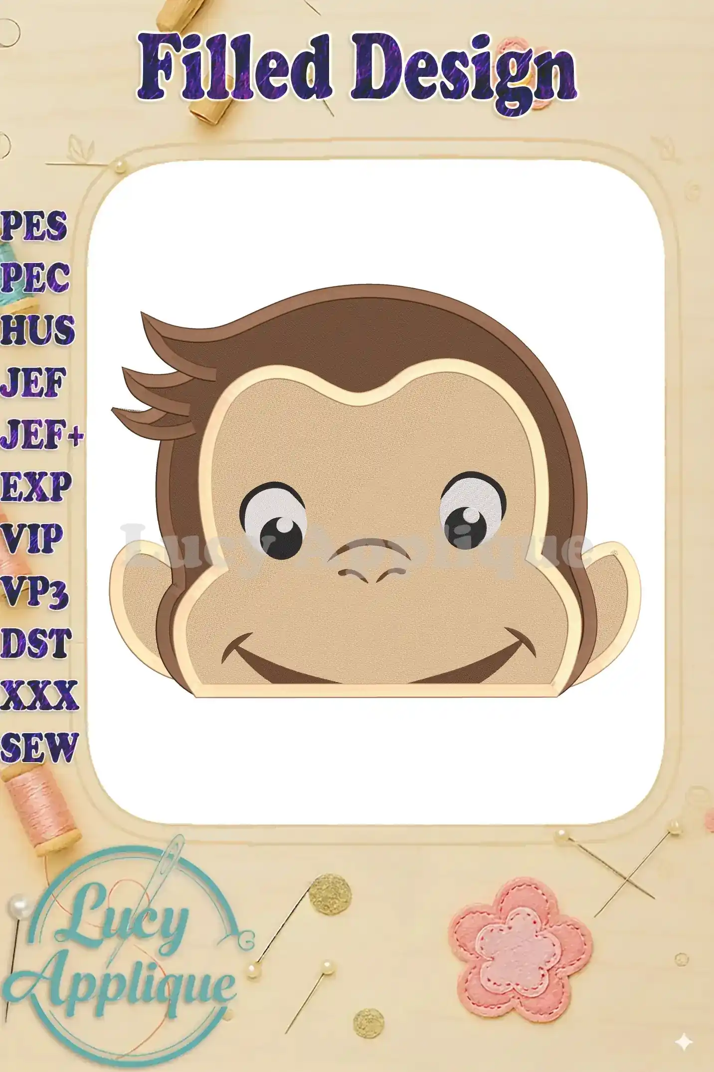 Embroidery design of Curious George's head, filled stitch style. Includes various file formats for different embroidery machines. Downloadable digital pattern.