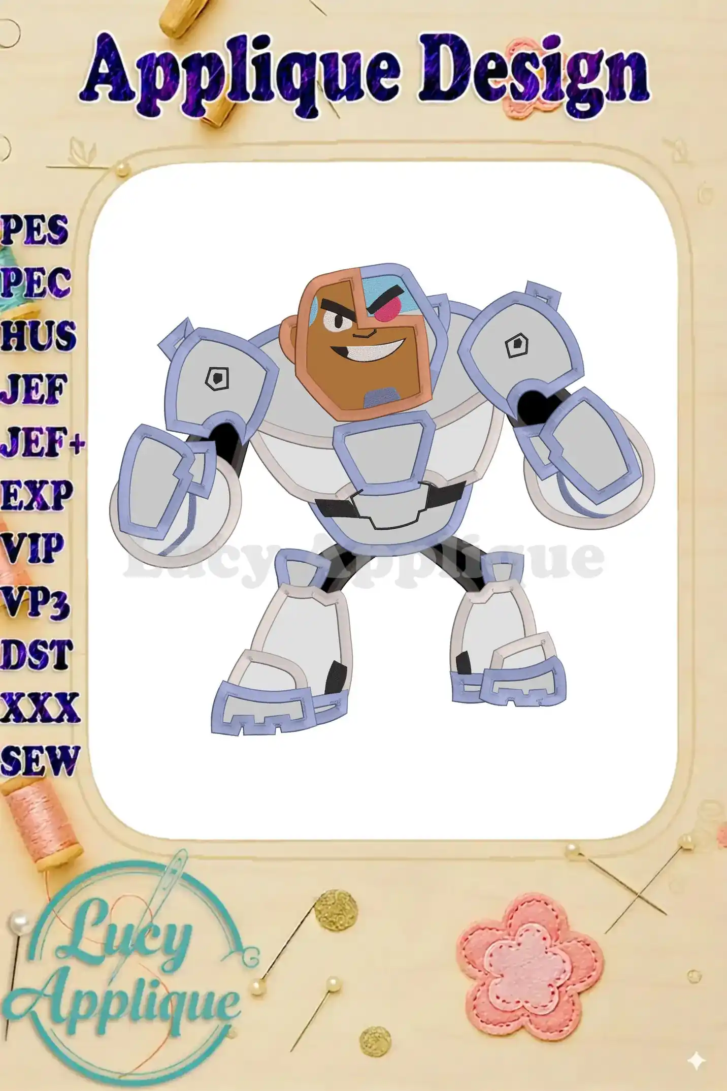 Applique design of Cyborg from Teen Titans Go!, ready to be stitched. The image shows the design's layout and color scheme.