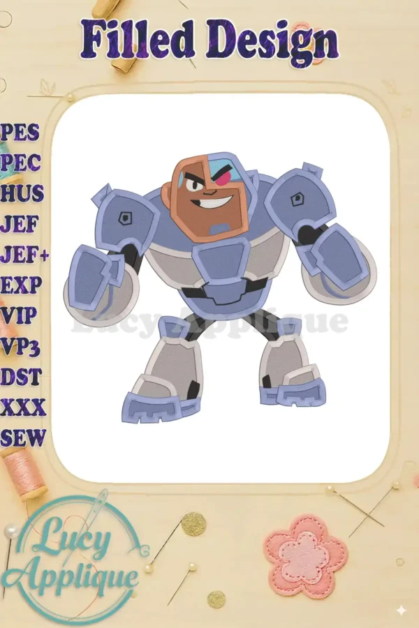 Embroidery design of Cyborg from Teen Titans Go! in a filled stitch style. The design shows Cyborg in his signature robotic suit, ready for action.