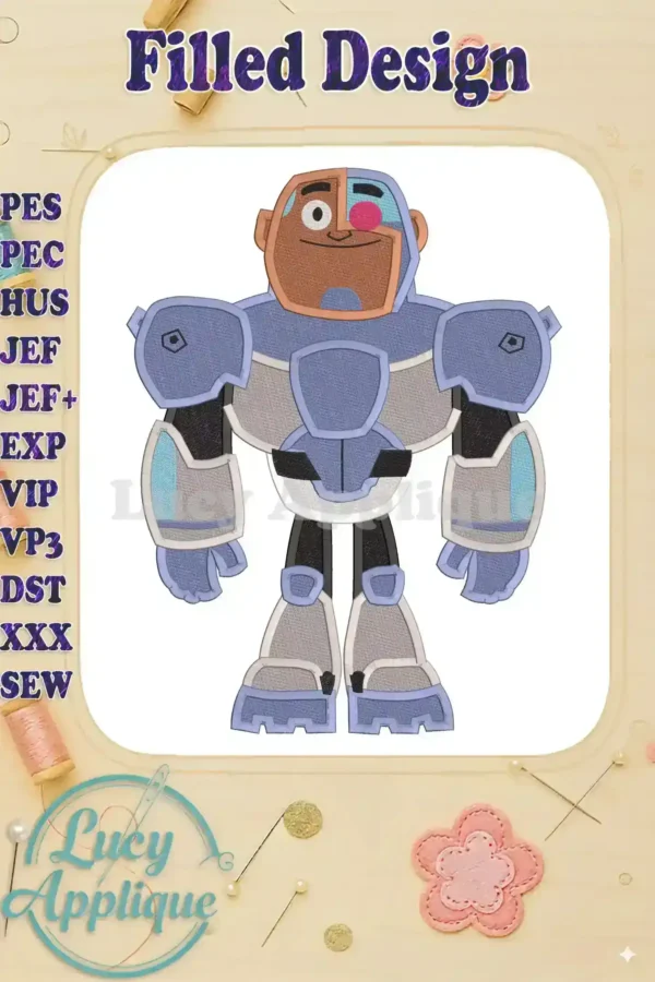 Embroidery design of Cyborg from Teen Titans Go!, showcasing a filled stitch style. The design is in shades of blue and gray, with hints of brown.