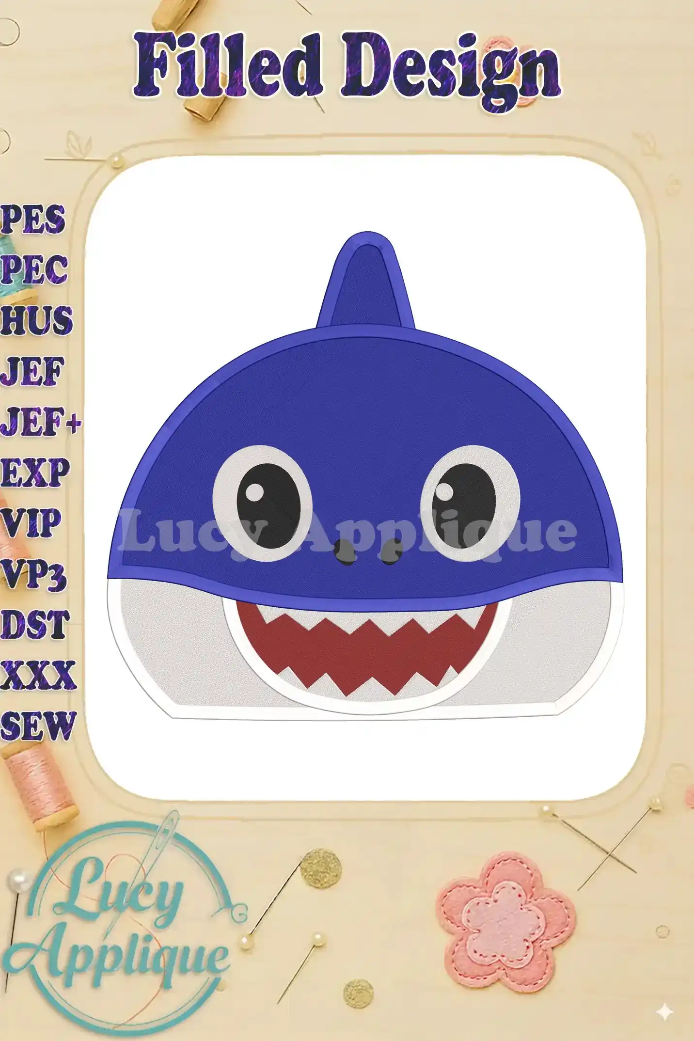Adorable Baby Shark head fill machine embroidery design. Blue shark, white teeth, simple eyes. Perfect for kids' projects!