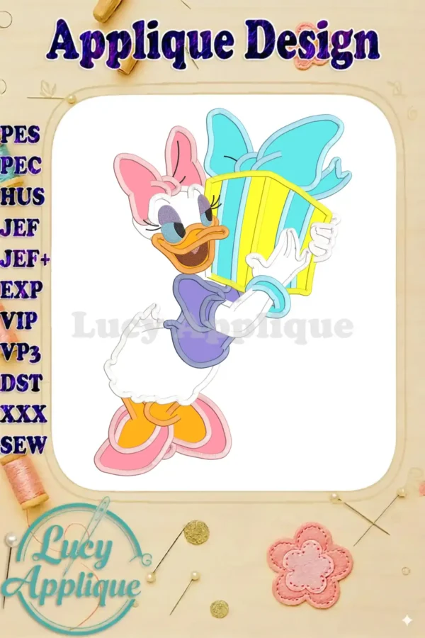 Daisy Duck applique design holding a gift, ready to be stitched. This image shows the complete design in multiple formats.