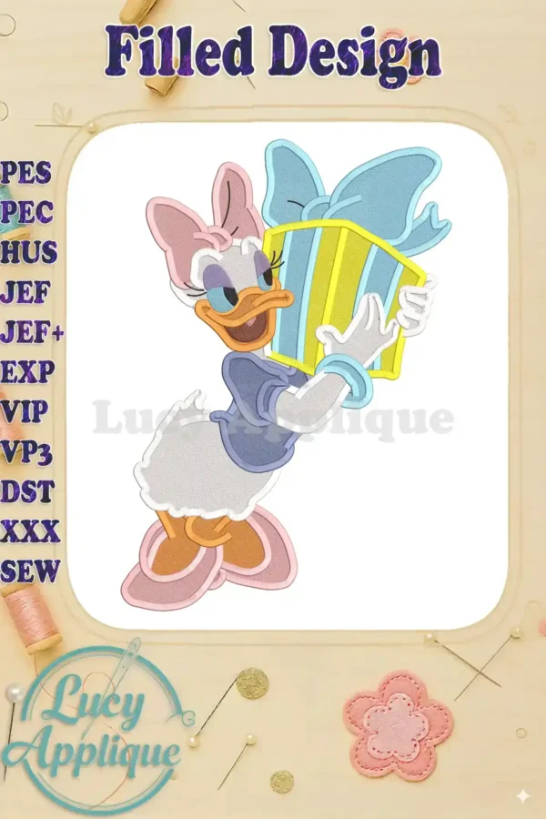 Daisy Duck holding a gift, filled embroidery design. Perfect for gifts or home decor. High-quality digital download, various formats included. Easy-to-follow instructions.