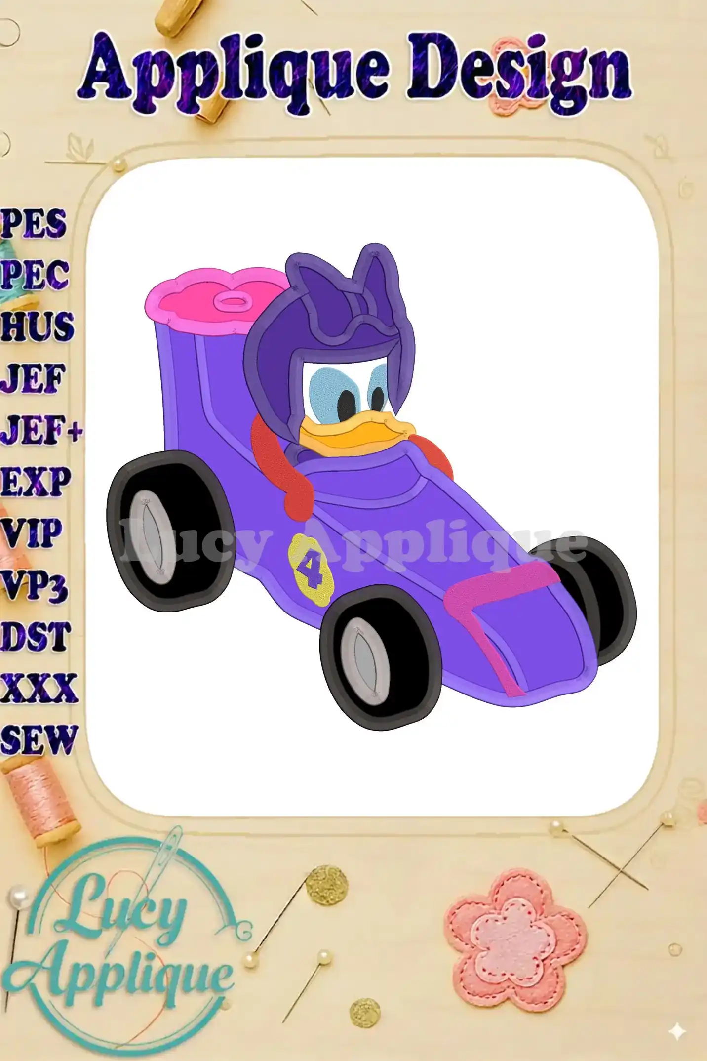 Daisy Duck in a purple race car applique design, ready to be stitched. Includes various file formats for different embroidery machines.