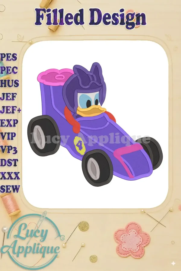 Daisy Duck in a purple race car, a filled embroidery design. The image showcases the design in its entirety, ready to be stitched.