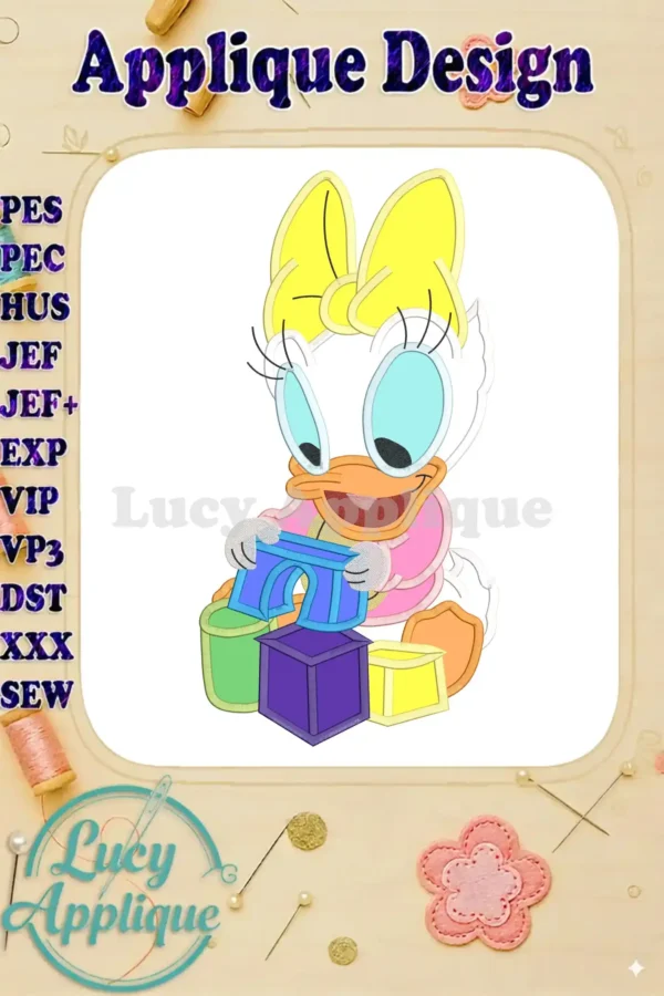 Daisy Duck applique design shows Daisy playing with colorful blocks. It's a charming design suitable for various crafting projects, available in multiple formats.