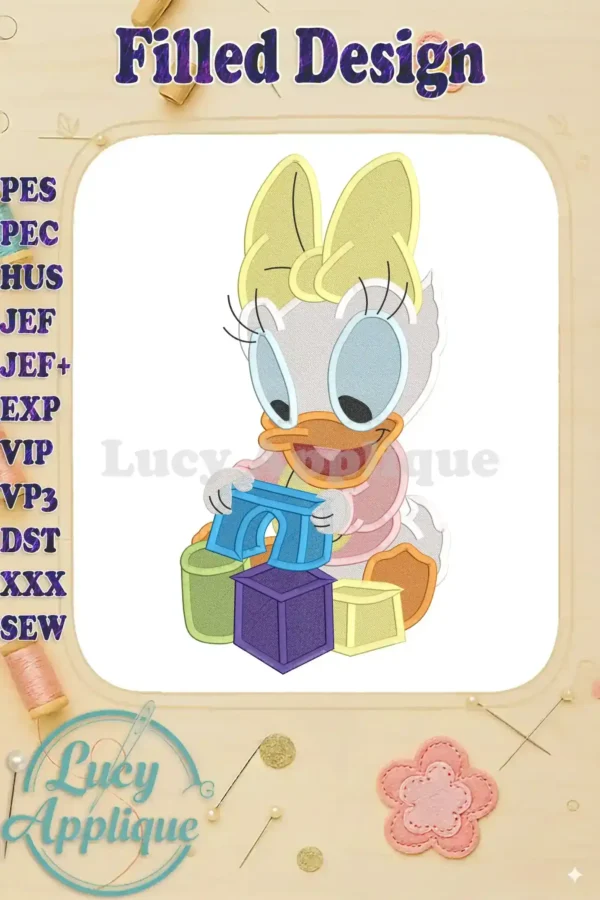 Daisy Duck filled embroidery design playing with colorful blocks. Perfect for baby items. Includes multiple machine formats like PES, JEF, HUS, etc.