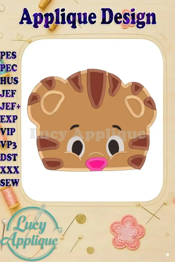 Daniel Tiger applique embroidery design in brown and beige, shown on a worksheet with format information. Perfect for creating cute projects for kids!