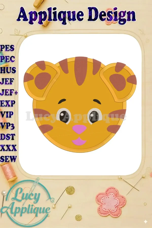 Daniel Tiger face applique embroidery design. The main image shows a cute tiger face with orange and brown stripes, ready to be stitched.